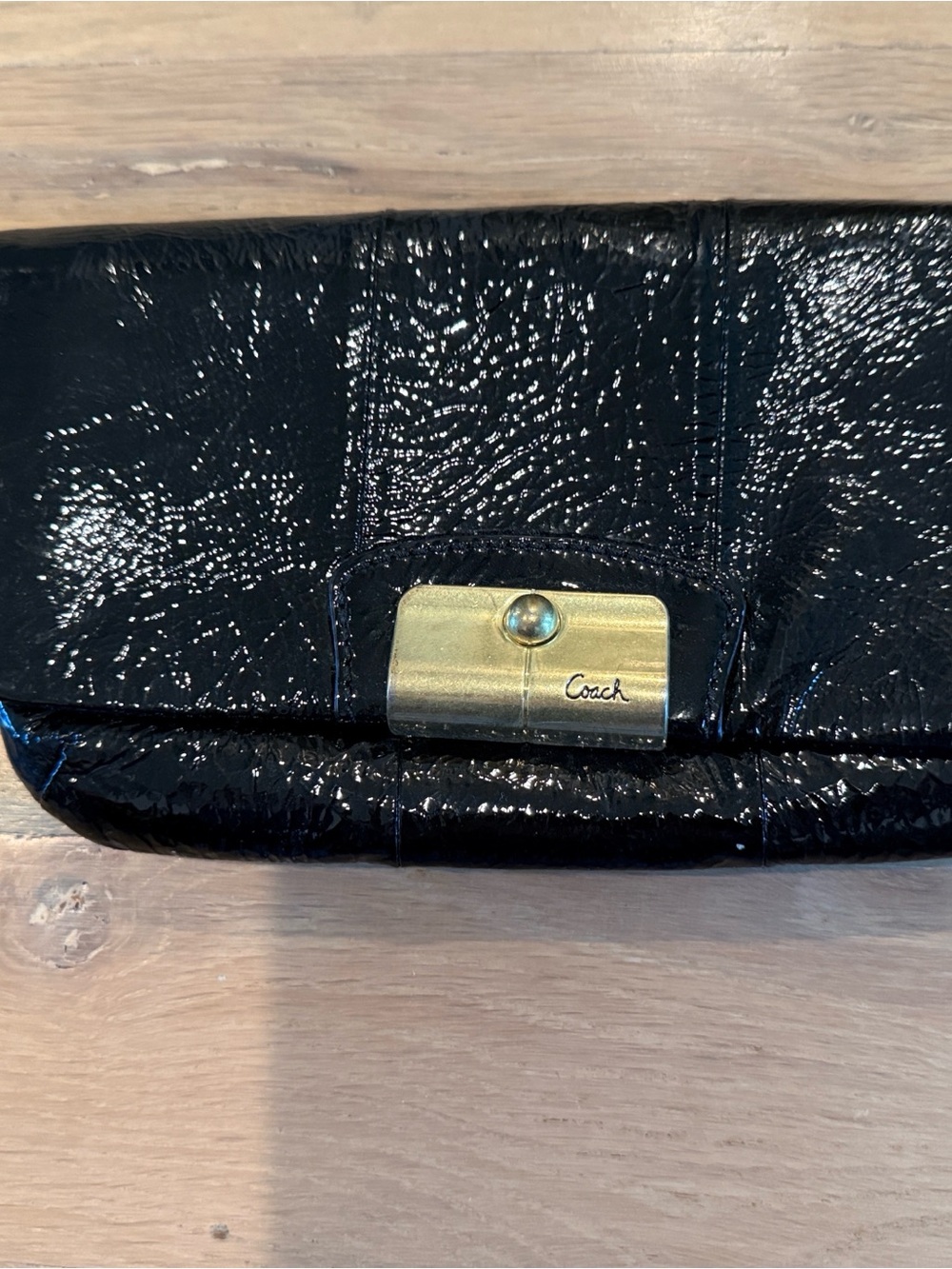 Coach Black Patent Leather Wristlet Clutch with Gold Accent